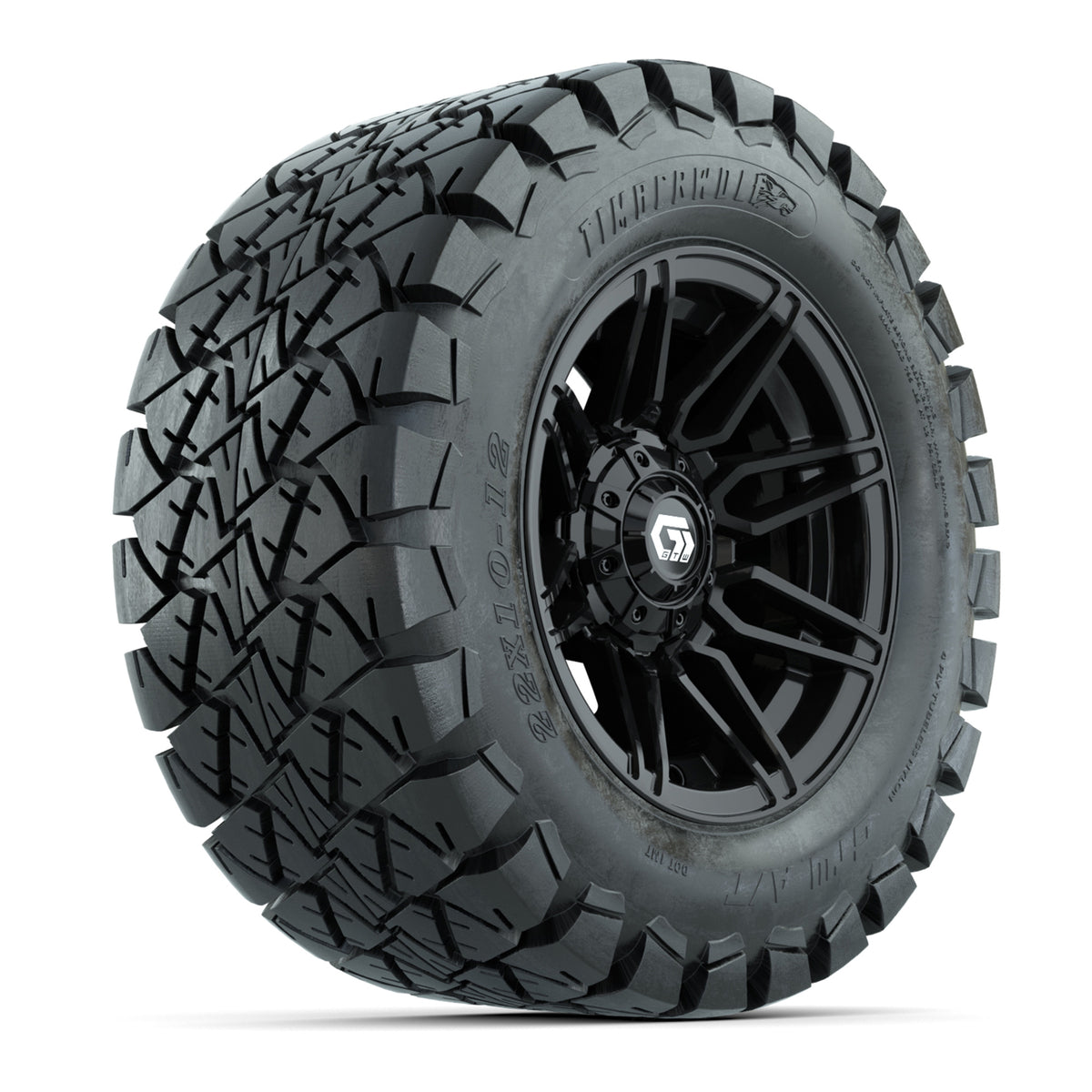 GTW® Stealth Gloss Black 12 in Wheels with 22x10-12 Timberwolf All-Terrain Tires Full Set