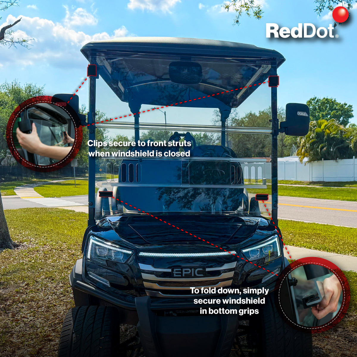 RedDot Tinted Vented Folding Windshield for Epic E40FX Golf Cart (4-Forward Facing Seats)