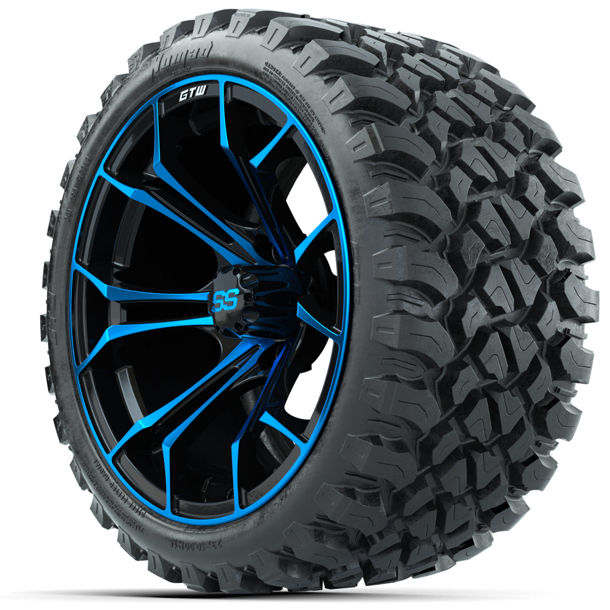 GTW Spyder Blue/Black 15" Wheels with 23x10-R15 Nomad All-Terrain Tires - Set of 4