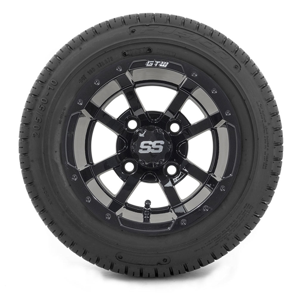 GTW Storm Trooper 10" Black & Machined Wheels with 205/50-10 Fusion Street Tires — Set of 4