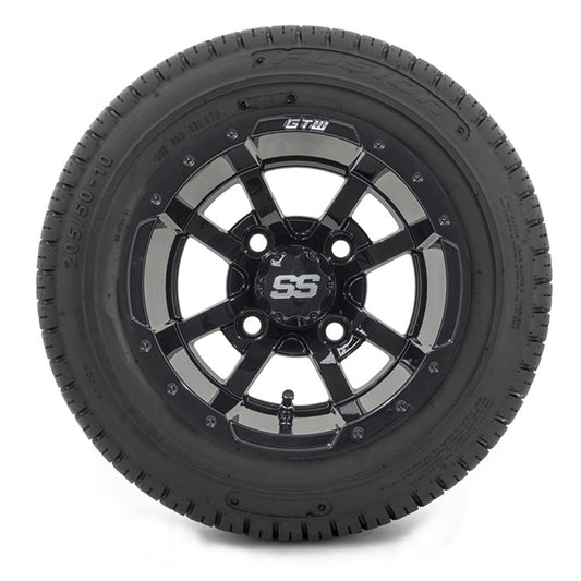 GTW Storm Trooper 10" Black & Machined Wheels with 205/50-10 Fusion Street Tires — Set of 4