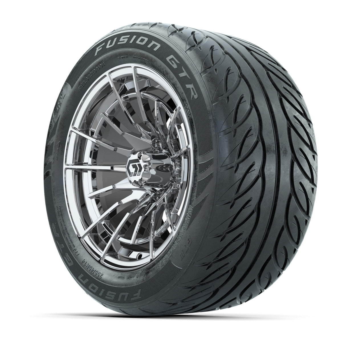 14" GTW® Boost Chrome Golf Cart Wheels & 255/45-R14 Fusion GTR Radial Street Tires (Set of 4)