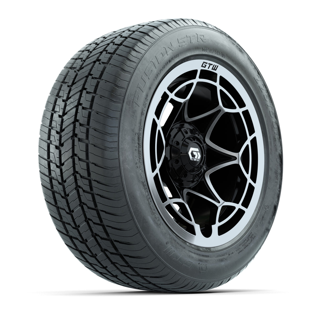 GTW® Nexus Gloss Black and Silver 14" Wheels with 225/50-R14 Fusion STR DOT Approved Street Tires - Full Set