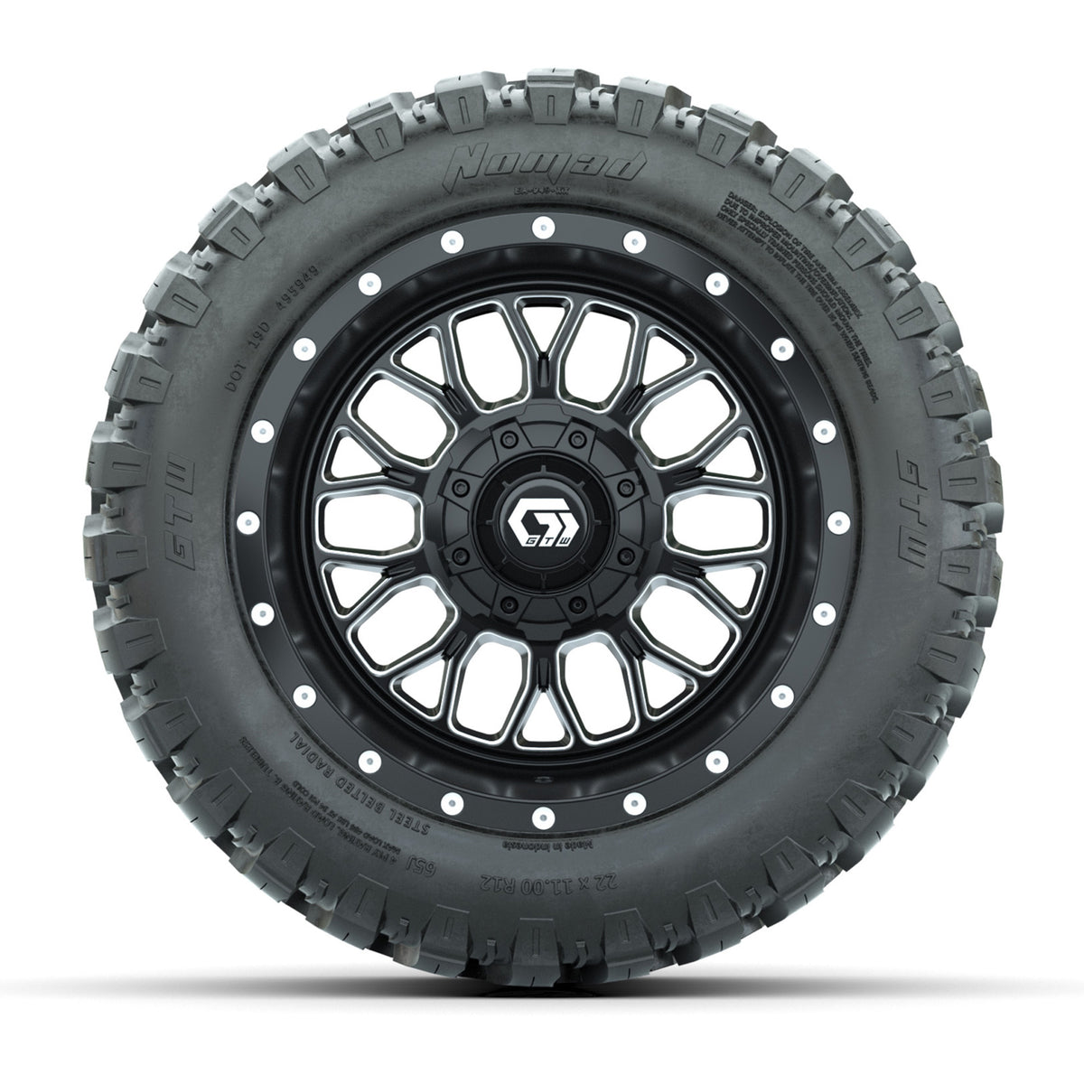 Set of (4) 12" GTW® Helix Machined & Black Wheels with 22x11-R12 Nomad All-Terrain Tires
