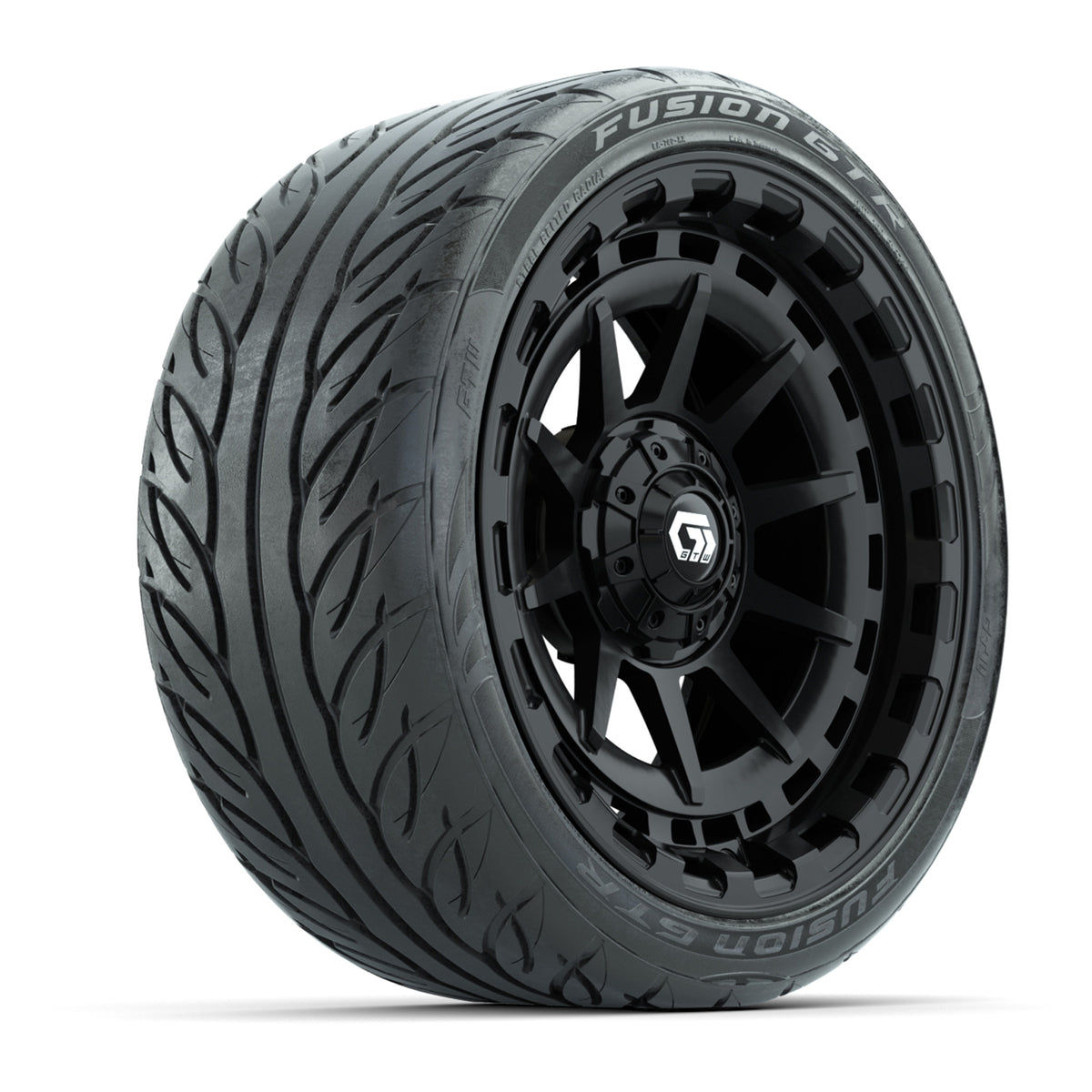 GTW® Barricade Gloss Black 15" Wheels with 215/40-R15 Fusion GTR Steel Belted Street Tires Full Set