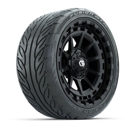 GTW® Barricade Gloss Black 15" Wheels with 215/40-R15 Fusion GTR Steel Belted Street Tires Full Set