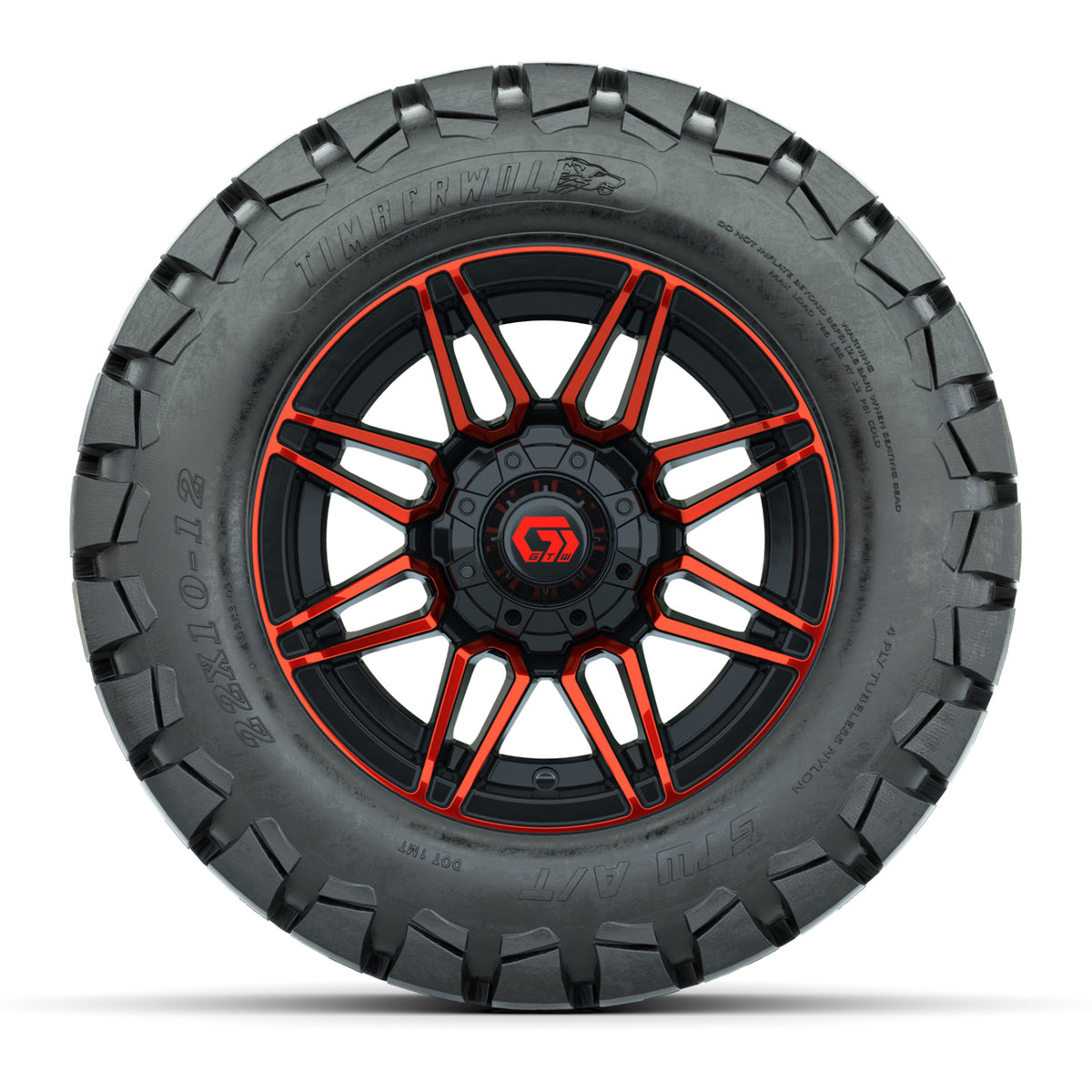 GTW® Stealth Black/Red 12 in Wheels with 22x10-12 Timberwolf All-Terrain Tires Full Set