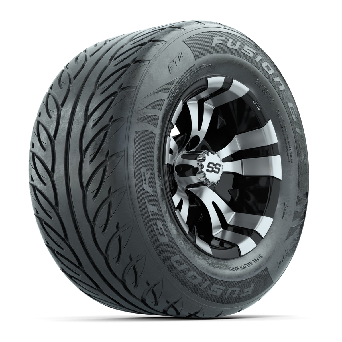 GTW® Vampire Black/Machined 12" Wheels with 255/55-R12 Fusion GTR Steel Belt Radial Street Tires – Full Set