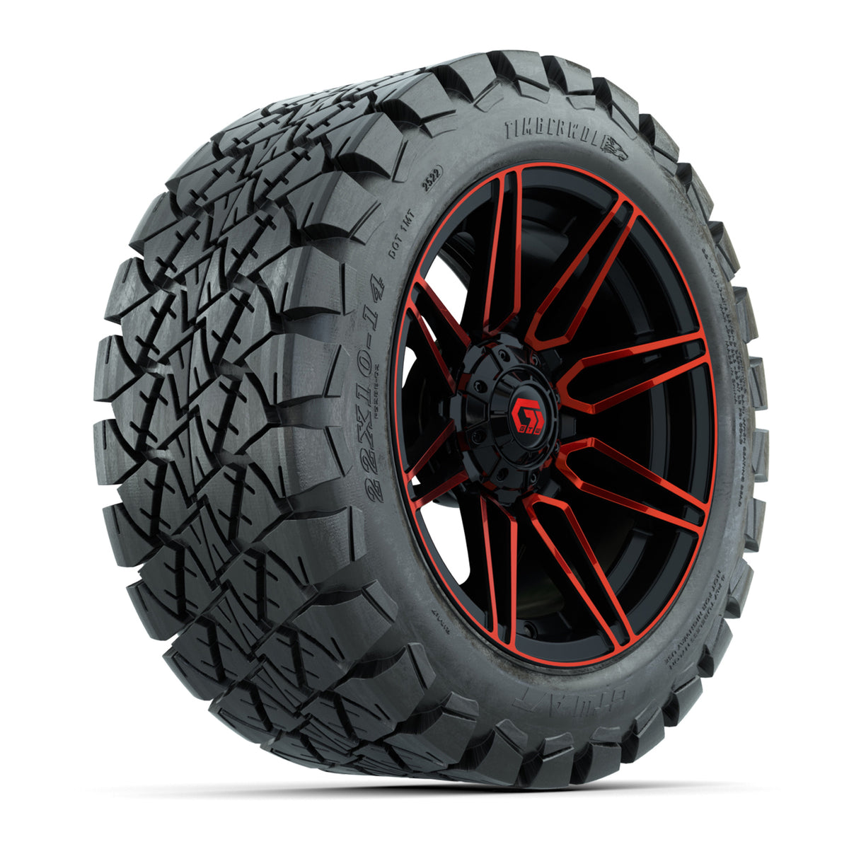 GTW® Stealth Gloss Black/Red 14 in Wheels with 22x10-14 Timberwolf All-Terrain Tires Full Set