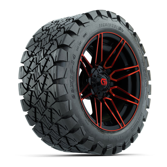 GTW® Stealth Gloss Black/Red 14 in Wheels with 22x10-14 Timberwolf All-Terrain Tires Full Set