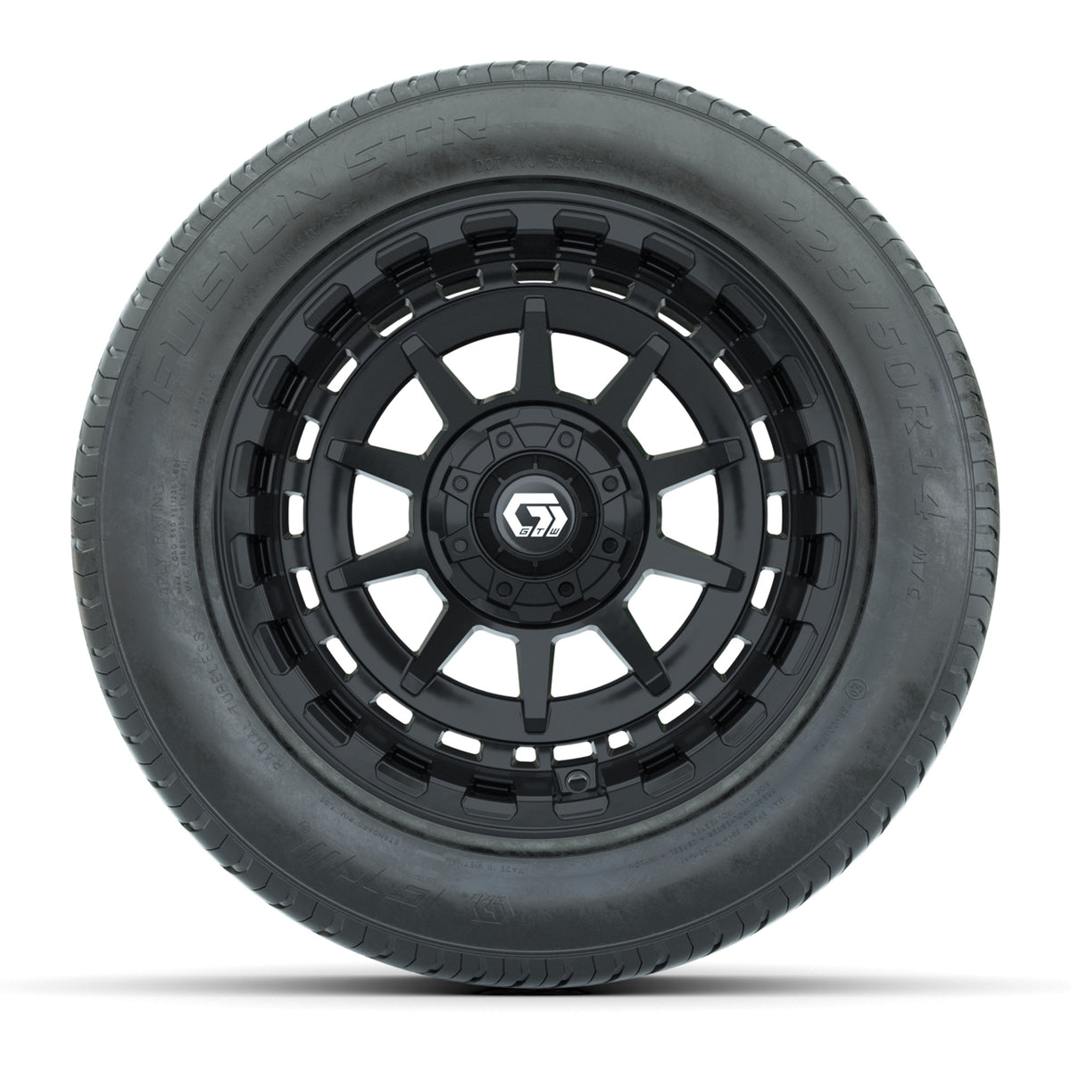 GTW® Barricade Gloss Black 14" Wheels with 225/50-R14 Fusion STR DOT Approved Street Tires - Full Set