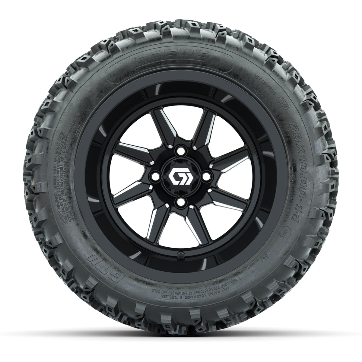 GTW Reaper Black & Machined 14" Golf Cart Wheels & 23X10-R14 Rogue A/T Tires – Set of 4