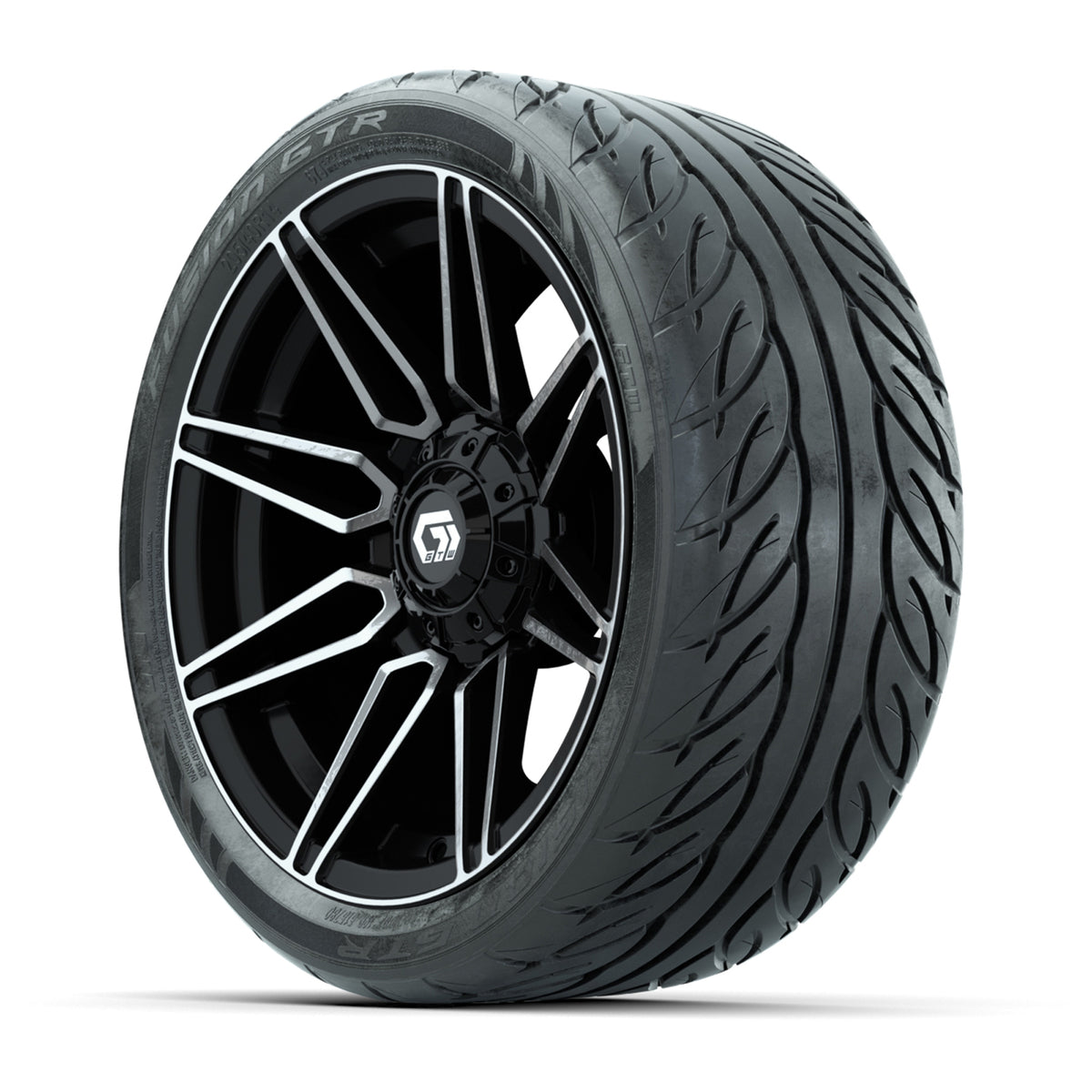 GTW® Stealth Gloss Black/Machined 14 in Wheels with 205/40-R14 Fusion GTR Steel Belted Street Tires Full Set