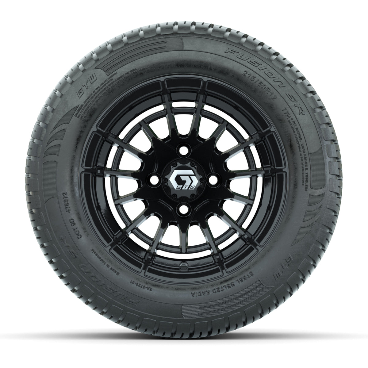 GTW® Boost Gloss Black 12 in Wheels with 215/50-R12 Fusion S/R Steel Belt Radial Tires Full Set