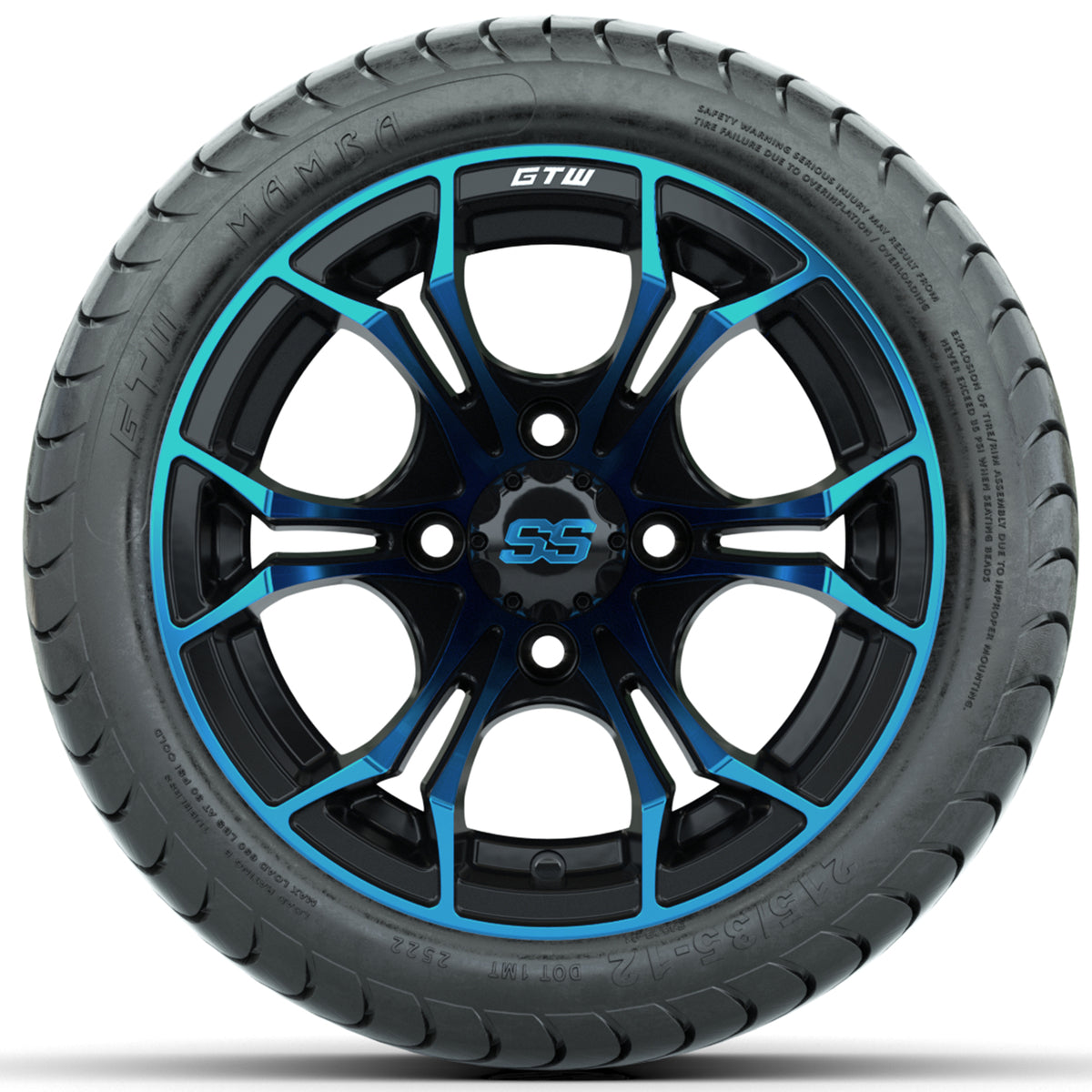 GTW Spyder Blue/Black 12" Wheels with 215/35-12 GTW Mamba Street Tires Full Set