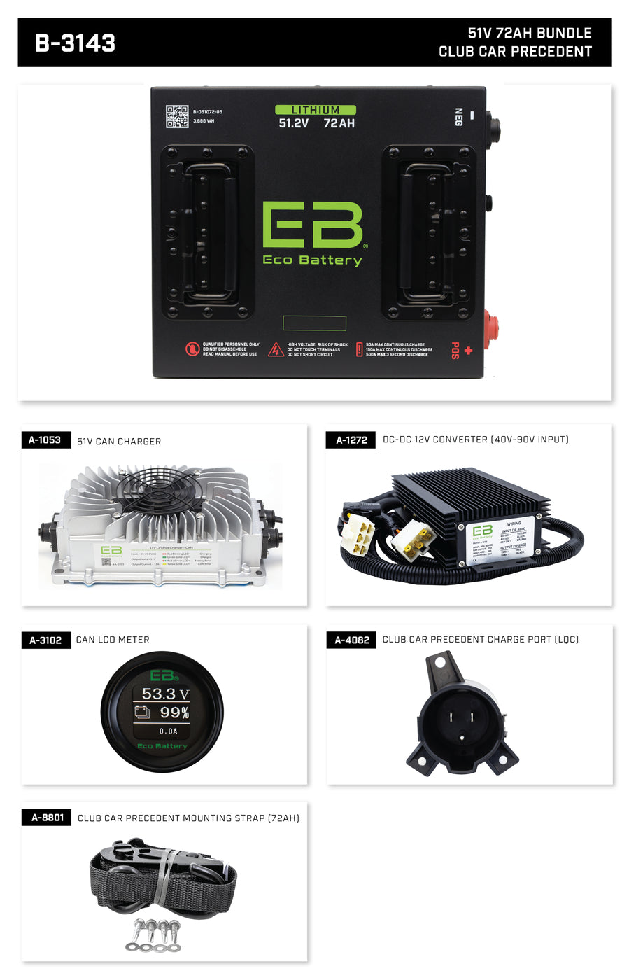 Eco Battery 51V 60Ah Lithium Golf Cart Battery Bundle - Club Car Precedent/Onward/Tempo Gen3