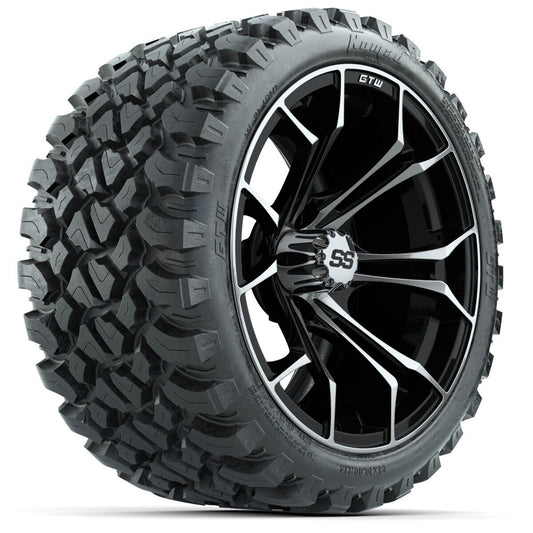15" GTW® Spyder Machined Black Golf Cart Wheels & 23x10-R15 Nomad All-Terrain Tires (Set of 4)