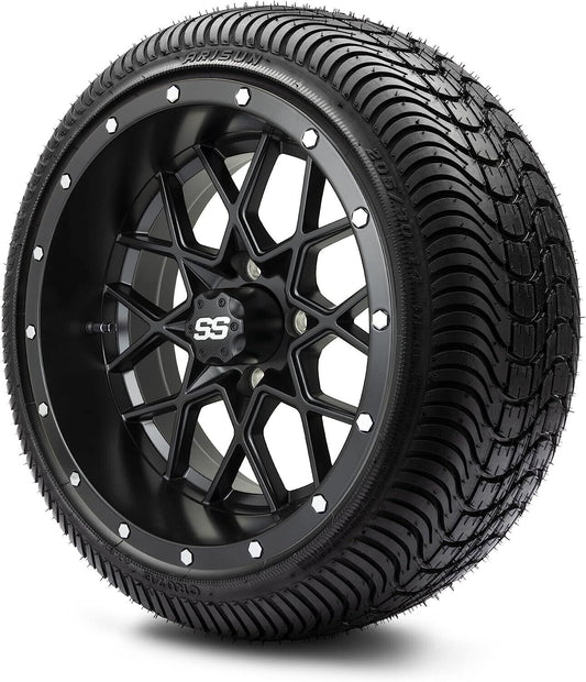 14" GTW® Vortex Matte Black Golf Cart Wheels & 205/30-14 Fusion Low-Profile Street Tires (Set of 4)