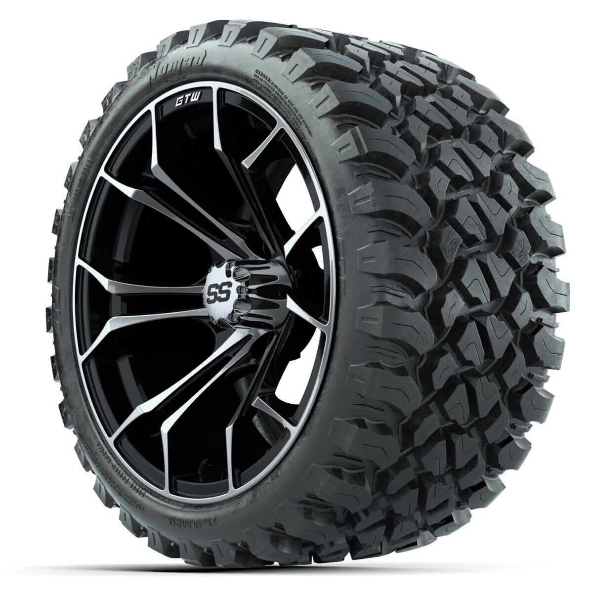 15" GTW® Spyder Machined Black Golf Cart Wheels & 23x10-R15 Nomad All-Terrain Tires (Set of 4)
